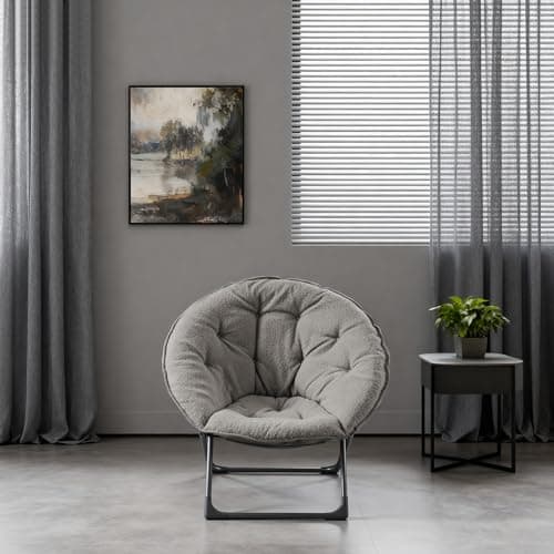 Portable Soft Moon ChairGray Folding Camping Chair Reading Armchair Sheep Wool Cushion Ideal for Bedroom Balcony Relaxation Areas Gardens Patios 80x80x37 cm