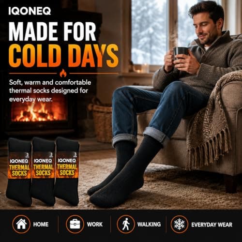 IQONEQ Thick Thermal Winter Socks - Pack of 3 Pairs - Warm, Insulated - For Men, Women and Kids - Adult Size 6-11 UK, Black, One Size — view 5