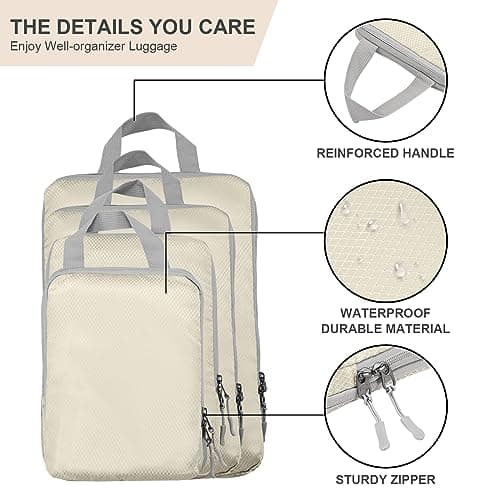 Compression Packing Cubes,Travel Storage Bag, Travel Packing Essentials for Suitcase Organizer Bags, Packing Organiser for Carry On Luggage(Beige, Set of 4) — view 2