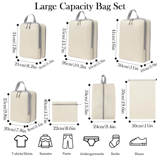 7PCS Compression Packing Cubes Set, Travel Luggage Organiser Bags for Suitcases & Backpacks, Space-Saving Packing Organisers for Trips (Beige) — view 2