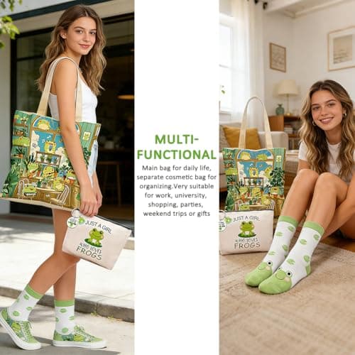 CYGMRFH 4Pcs Frog Lover Gifts for Women – Canvas Tote Bag, Makeup Pouch & Keychain, Just a Girl Who Loves Frog Sock, Reusable Shopping Shoulder Bag Set for Women Work Travel Birthday Gift — view 6