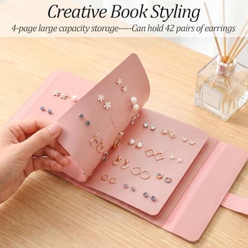 Xinjoduz Earring Storage Organiser with Foldable Book Design Stud Travel Jewellery Box, Waterproof Portable Pu Leather Travel Earring Case, Earrings Holder Case for Mother Women Girls Gift(Pink) — view 6
