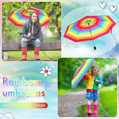 Cunno 12 Pc Rainbow Umbrella Portable Tri Folded Pride Umbrella Windproof Compact Rain Parasol for Travel Beach Wedding Party (Vibrant) — view 3