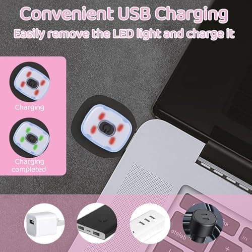 LED Lighted Headband, USB Rechargeable Night Running Headlamp Running Lights for Runners with 4 LED, Head Torch Stretchy and Waterproof, Hands Free Flashlight for Runners Dog Walking Hiking (Pink) — view 5