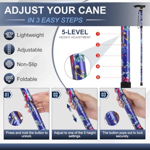 supregear Walking Stick - Adjustable Folding Walking Sticks for Women and Men - Lightweight Portable Collapsible Balancing Aid - Foldable Travel Cane for Ladies Elderly Adults, Dark Blue Floral — view 3