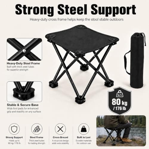 Portable Folding Camping Stool,Metal Frame Foldable Foot Rest Stool (Black) — view 5