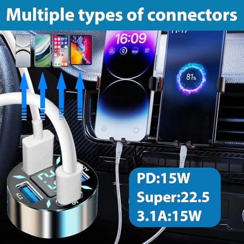 USB C Car Charger Adapter, 66W 4Port Multi PD/QC Fast Charging Cigarette — view 4