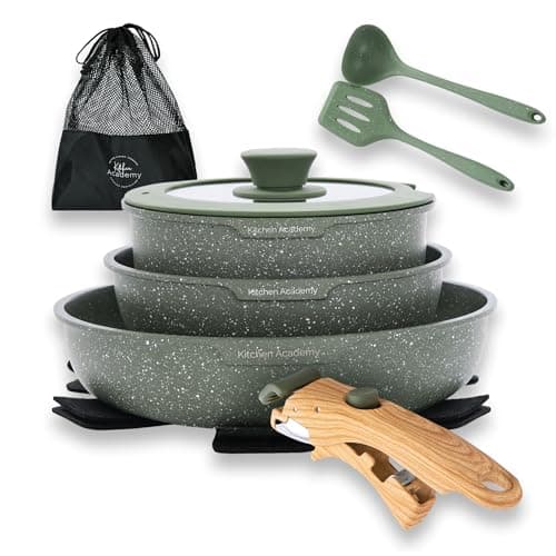 Kitchen Academy Non Stick Cookware Set, 10 PCS with Detachable Handle Green