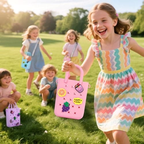Oudizz Mini Rubber Tote Bag, EVA Waterproof Beach Tote for Little Girls And Woman, Silicone Hole Small Beach Tote for Travel Outdoor, Cute Rubber Beach Bag with 20 Charms & Adjustable Shoulder Strap — view 3