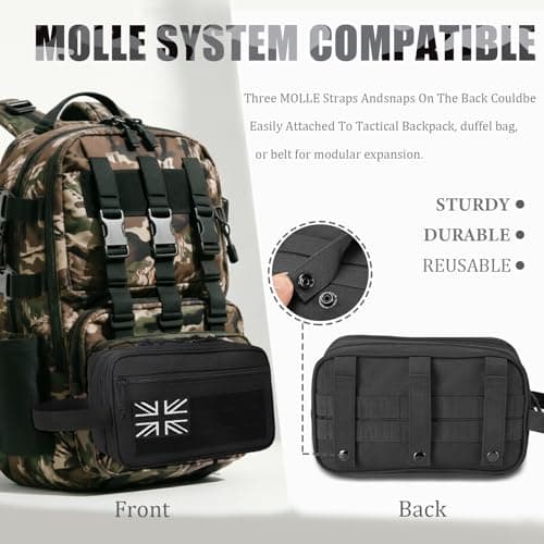 Mens Toiletry Bags, Travel Wash Bag for Men, Small Tactical Washbag with Dual Compartments & Waterproof Wet Pocket, Boys Toiletry Bag with Molle Design & UK Patch — view 5