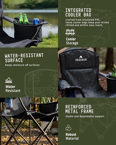 Voyager Folding Camping Chairs 2 Pack with Cooler Bag, Lightweight Q195 Steel Frame, 600D Oxford Fabric, Portable & Comfortable - Black — view 5