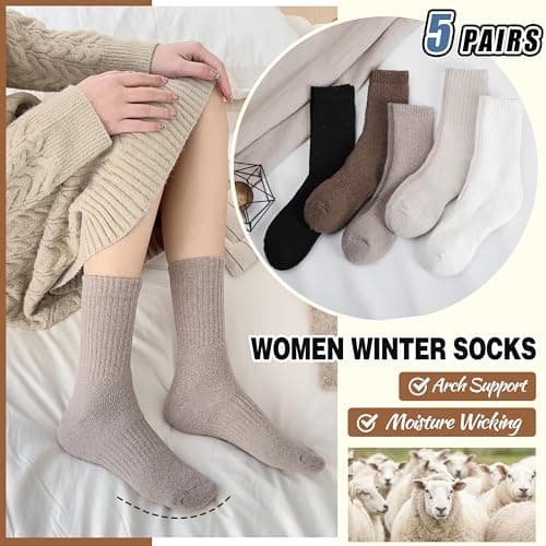 EBMORE Womens Merino Wool Socks Thermal Warm Winter Thick Cosy Boot Crew Cabin Ladies Work Soft Walking Hiking Socks 5 Pairs Gift Stocking Fillers(Beige/White/Black/Khaki) — view 6