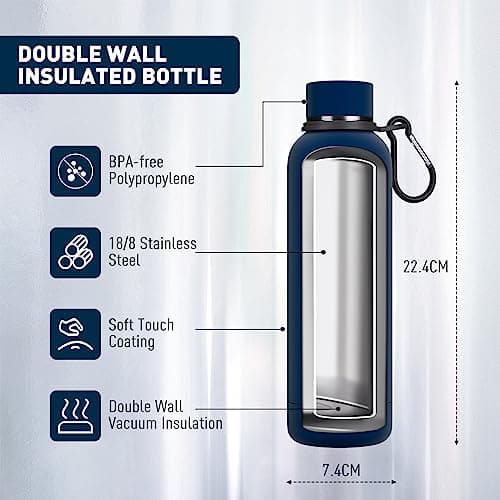 Exllena Insulated Water Bottles 500ml with Clip, Double Wall Vacuum Drinks Bottle Keeps Drinks Cold 24 Hrs/Hot 12 Hrs, Stainless Steel Water Bottle BPA Free (Dark Blue) — view 2