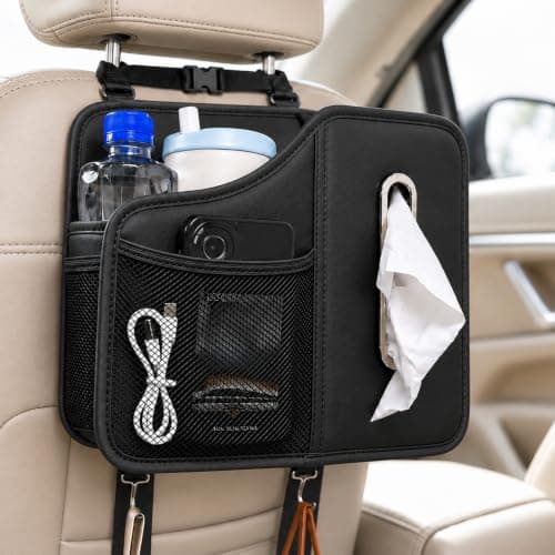 Car Tissue Holder for Back Seat, Premium Back Seat Organizer with Cup Holder & Storage Pockets, Carbon Fiber Look Headrest Tissue Box Holder for Kids, Road Trips, SUV, Truck (Black)