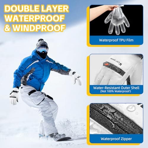 CYCLESPEED Ski Gloves for Men Women Waterproof Thermal Winter Glove Adult Unisex Snow Gloves for Skiing Snowboarding, Snowmobiling, Winter Hiking Outdoor Walking (White, L) — view 3
