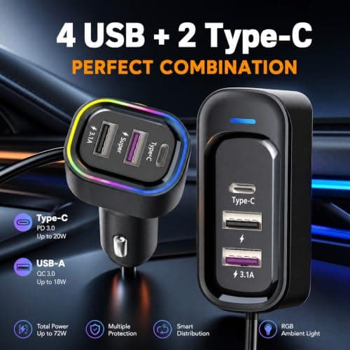 USB C Car Charger,Cigarette Lighter USB Charger, 81W Multiport 6-Port 150CM — view 3