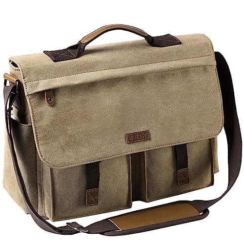 VASCHY Messenger Bag Mens, Vintage Water Resistant Waxed Canvas 15.6 inch Laptop Shoulder Bag Briefcase Satchel with Padded Shoulder Strap and Luggage Sleeve(Khaki)