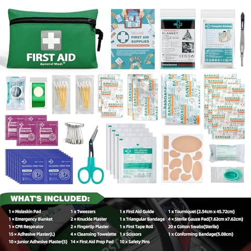 General Medi Mini First Aid Kit, 92 Pieces Small First Aid Kit - Includes Emergency Foil Blanket, Scissors for Travel, Home, Office, Vehicle, Camping, Workplace & Outdoor (Green) — view 2