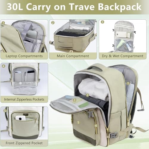 POWER KING Travel Backpack for Womens Mens, Carry on Cabin Size Backpack 30L, Expandable Flight Bag Approved Hand Luggage for Airplanes, Laptop Rucksack 15.6 inch, White & Green — view 4