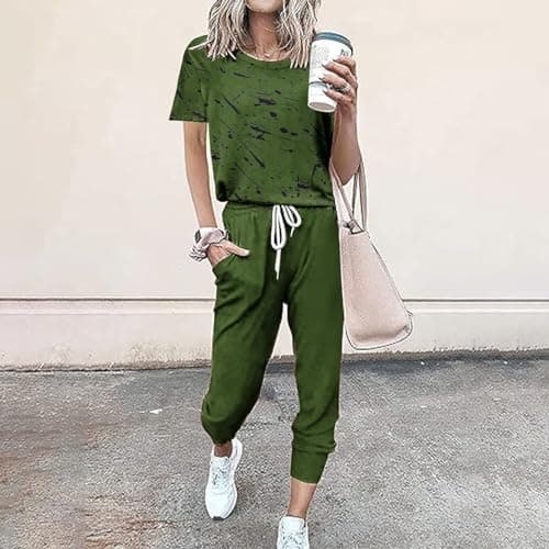 Womens 2 Piece Travel Outfit Gym Tracksuit Set Summer Lounge Outfit Set Sweatsuits Printed Short Sleeve Tops High Waist Wide Leg Drawstring Joggers Pocket Sweatpant Casual Loose Holiday Dailywear 6-16 — view 3