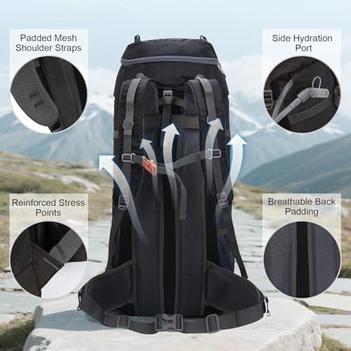 JOVELL Hiking Backpack for Men Women, Large Capacity Durable Trekking Backpack with Rain Cover, Waterproof Lightweight Camping Backpack for Backpacking Travel Mountaineering (Black) — view 5