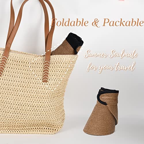 Women's Wide Brim Straw Sun Visor, UV Protection Packable Ponytail Beach Hat, Summer Outdoor Travel Visor Brown — view 4