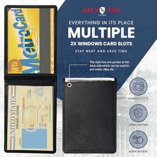 ALLEN & MATE 100% Leather Travel Card Holder - Slim Minimalist Wallet for Travel Bus Pass ID License Oyster Card for Men & Women (Black Premium) — view 4