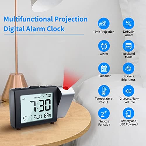 Projection Alarm Clock for Bedroom with 180° Projector, Large LCD Display — view 2