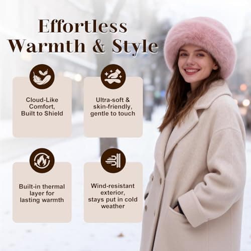 Faux Fur Bucket Hat for Women, Russian Style Winter Fluffy Fuzzy Ladies Hats Travel Hiking Work Home, Chapeau Fourrure Femme Winter Fashion Gift (Pink) — view 4