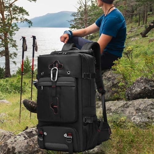 QLoztyse Mens Backpack Large Capacity Outdoor Hiking Rucksack Waterproof Oxford Cloth Daypack with Shoe Compartment and USB Port suitable for camping trekking, Black — view 4