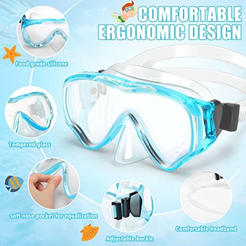 HIKOTEY Children's Snorkel Set,Panoramic Wide View Diving Mask,Snorkeling Gear Anti-Leak and Anti-Fog Tempered Glass Lens,Dry Snorkel Tube,Includes Earplugs and Nose Clip for Age 4-16 Years(Blue) — view 2