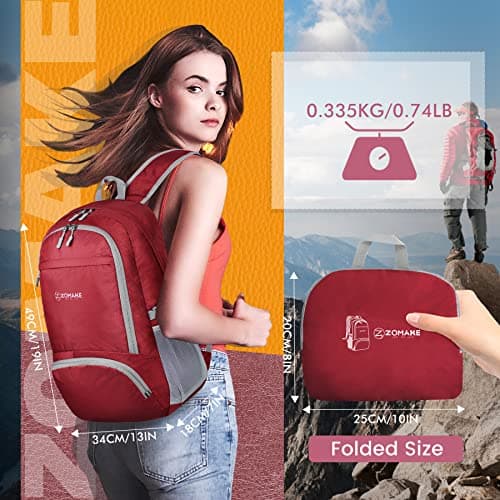 ZOMAKE Lightweight Foldable Backpack Packable Rucksack (30L/Red) — view 2