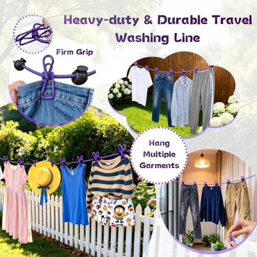 Travel Washing Line 1.8m Heavy-Duty Travel Clothes Line with 12 Pcs Adjustable Clips Elastic Slip-Resistant Windproof Retractable Washing Lines Portable for Holidays Camping Essentials Balcony Laundry — view 2