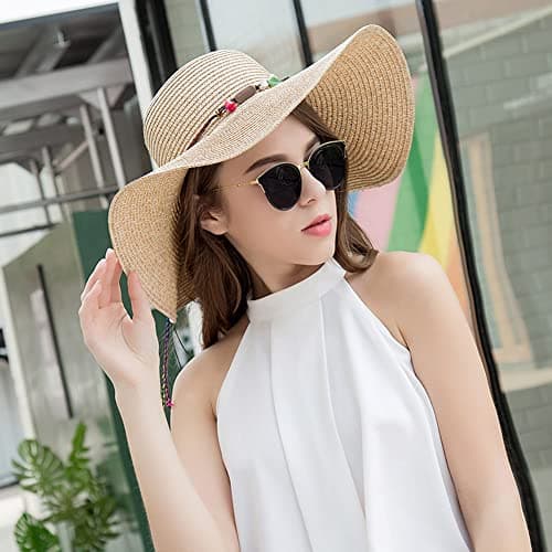 Adrinfly Women Foldable Floppy Wide Brim Straw Sun Hat Travel Packable Adjustable Summer Beach Accessories Hat UV UPF 50+, Khaki, One Size — view 3