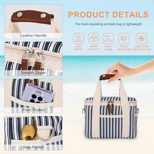 Nanxson 9L/15L/29L Large Insulated Lunch Bag for Women Adult Reusable Leakproof Picnic Lunch Box Freezable Cooler Tote Bag (9L,C-Navy Stripe) — view 5