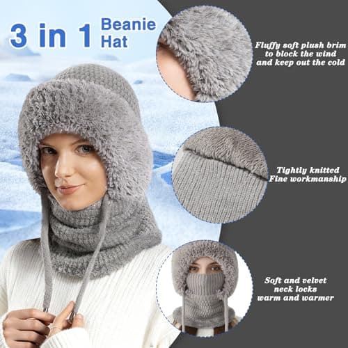 Ashloter 3 in 1 Beanie Hat for Women, 3in1 Thermal Winter Balaclava Knitted Hood with Scarf and Face Mask, Windproof Warm for Outdoor Skiing Hiking Running Skiing Cycling Ladis Men Grey — view 3