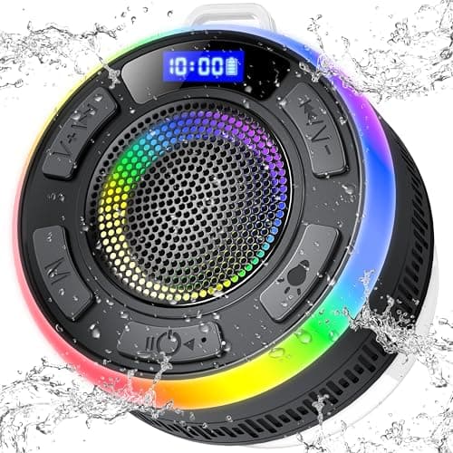 Bluetooth Shower Speaker with IPX7 Waterproof, Bluetooth Speaker with HD Stereo Sound, Built-in Mic Portable Wireless Speaker with Dynamic Lights 10H Playtime, for Outdoor Kitchen Gifts Golf, Black