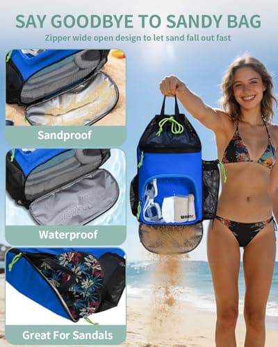 WANDF Swim Bag Mesh Drawstring Backpack with Dual Wet Compartments, 40oz Water Bottle Pocket & Transparent Front Pocket Sandproof Beach Bag for Swimming, Pool, Gym and Workout Gear (Blue) — view 4
