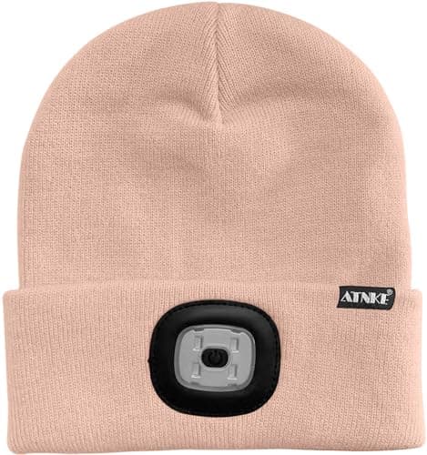 ATNKE Kids LED Lighted Beanie Cap, USB Rechargeable 4 LED Headlamp Waterproof Winter Warmer Knit Night Hats with Light for Boys Girls/Skin Pink — view 2
