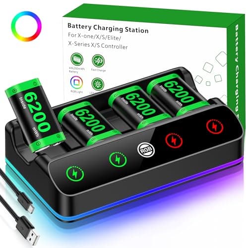 Charger with 4x6200mWh Rechargeable Battery Pack for Xbox One/Series X|S, Xbox One Series Controller Batteries Pack with Charging Station for XboxOne/S/X/Elite Controllers, Black