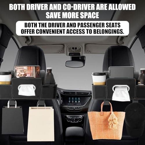 JSCARLIFE 3-in-1 Car Backseat Organizer with Cup Holder & Trash Bin,Multifunctional Seat Storage for Phones,Snacks & Handbags –Tissue Box & Hooks Included (Black) — view 4
