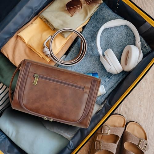 Leather Toiletry Bag for Men – Waterproof Toiletry Bag with Dry & Wet Separation, Thickened Brown Wash Bag, Travel Wash Organizer with Multiple Compartments | Mens Toiletry Bags (Brown) — view 6