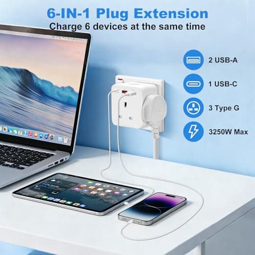 3 Way Plug Adapter UK with PD20W USB-C & QC 3.0, 6-in-1 Multi Plug Adaptor — view 2