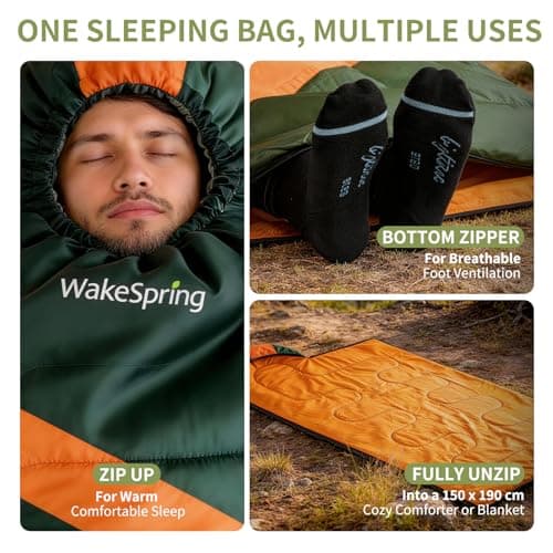 WakeSpring 3-Season Sleeping Bag for Camping - Windproof & Water-Repellent (170T Shell) - 1.2kg Lightweight & Portable - Zip-Together Double Size for Couples & Families (Army Green) — view 6
