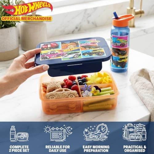 Get Trend Hot Wheels Kids Bento Lunch Box and 640ml Water Bottle Set, BPA-Free Snack Lunch Box with Compartment Set for Travel & Picnics, School Supplies Gifts for Boys (Multi Hot Wheels) — view 2