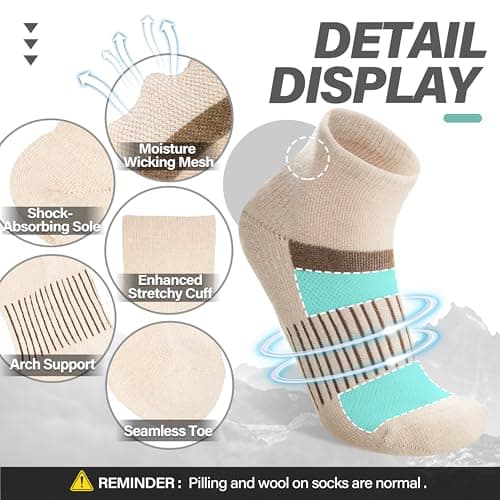 MOSEY KOSY 6 Pairs Merino Wool Socks Women Men Unisex Quarter Running Walking Hiking Work Thermal Winter Warm Compression Support Breathable Thick Cushion Socks(Beige Series,3-7) — view 4