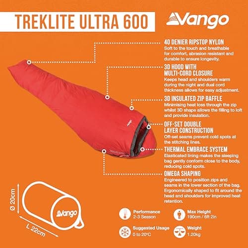 Vango Treklite Lightweight Sleeping Bag, Ultra 600, 3 Season Backpacking Sleeping Bag, Compact Foldable Insulating Mummy Bag and Stuff Sack for Compact Camping Hiking Traveling — view 3