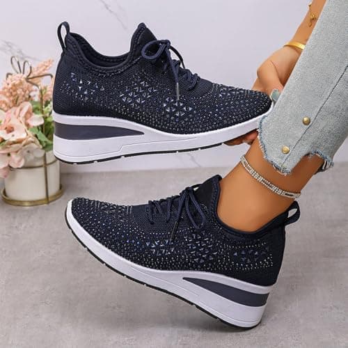 Women's Glittery Trainers Rhinestone Fashion Breathable Wedge Sneakers Athletic Slip On Walking Shoes Breathable Lightweight Sports Casual Sparkly Diamante Sneakers Ladies Platform Shoes Dark Blue — view 2