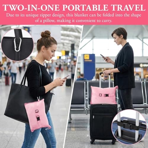 Eulihent Travel Blanket and Pillow 2 in 1 Airplane Blanket Ultralight Compact Foldable Soft Flannel Blanket with Luggage Belt and Backpack Clip for Long Flights, Camping, Car, Business Trips (Pink) — view 4