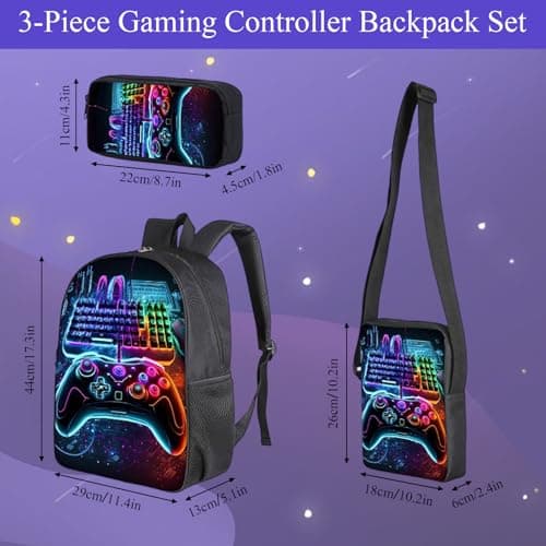 Nhemeylp 3PCS Gaming School Bag Set, Waterproof Backpack with Crossbody Bag & Pencil Case, Durable Boys Backpack for Kids Teens School Travel Camping Daily Use Gift — view 2